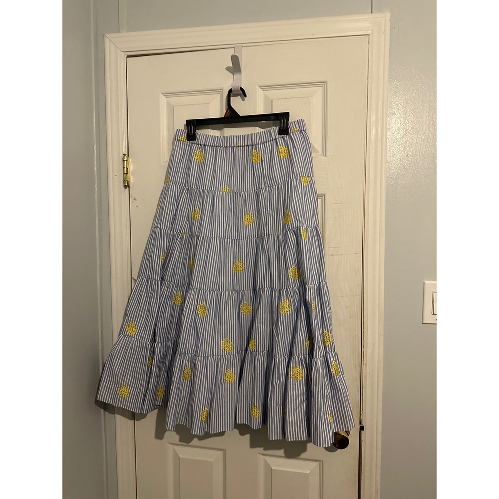 J.Crew Blue White Striped Pineapple Embroidered Tiered Maxi Skirt Womens Large